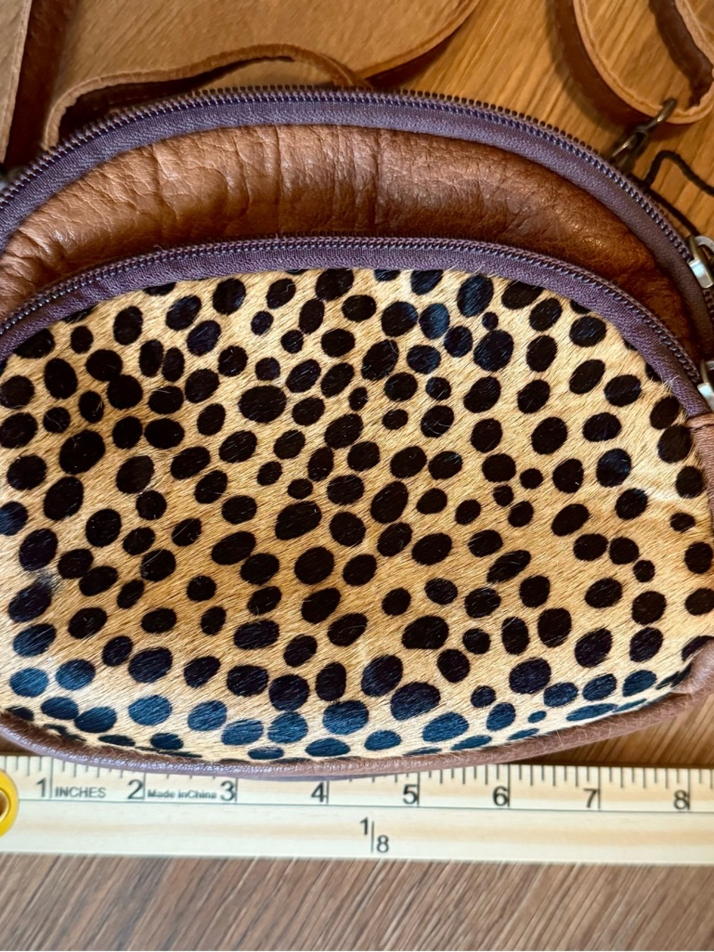 American Darling Brown Leather Crossbody Bag with Leopard Print Front - Picture 8 of 13